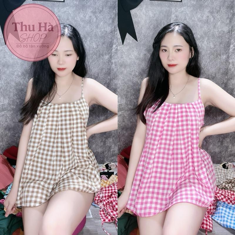 (40-85kg)Bộ lụa mềm áo hai dây quần đùi có túi quần kẻ sọc caro cho phụ nữ - Women Voi Nhung