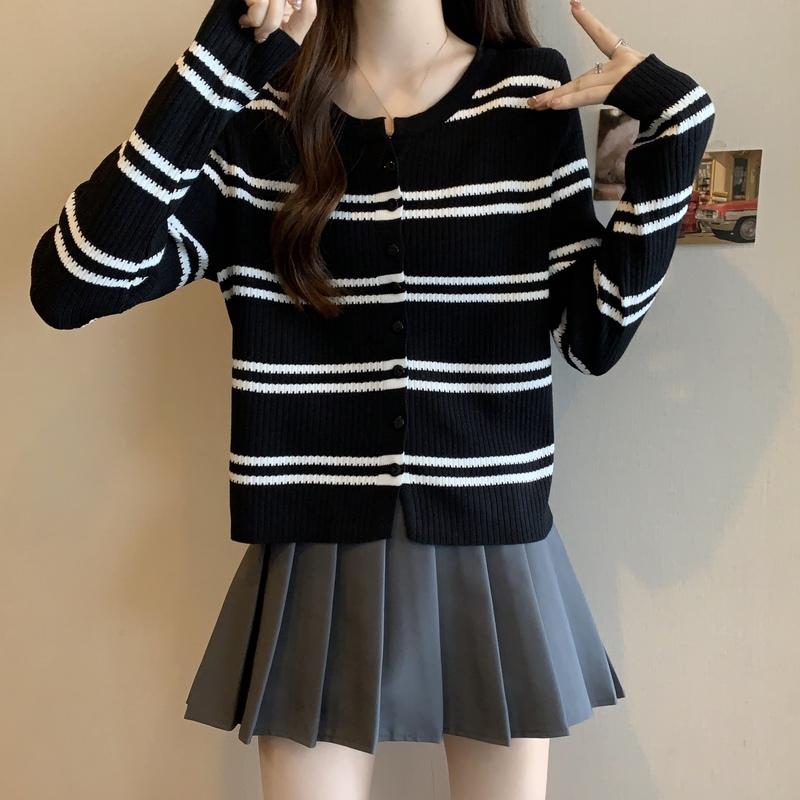 Áo Cardigan Dệt Kim, Thời Trang Thường Ngày Cổ Tròn, Áo Len Cropped Xén, Dành Cho Nữ, Bộ Sưu Tập Mùa Xuân Và Mùa Thu, Với Thiết Kế Sọc 4