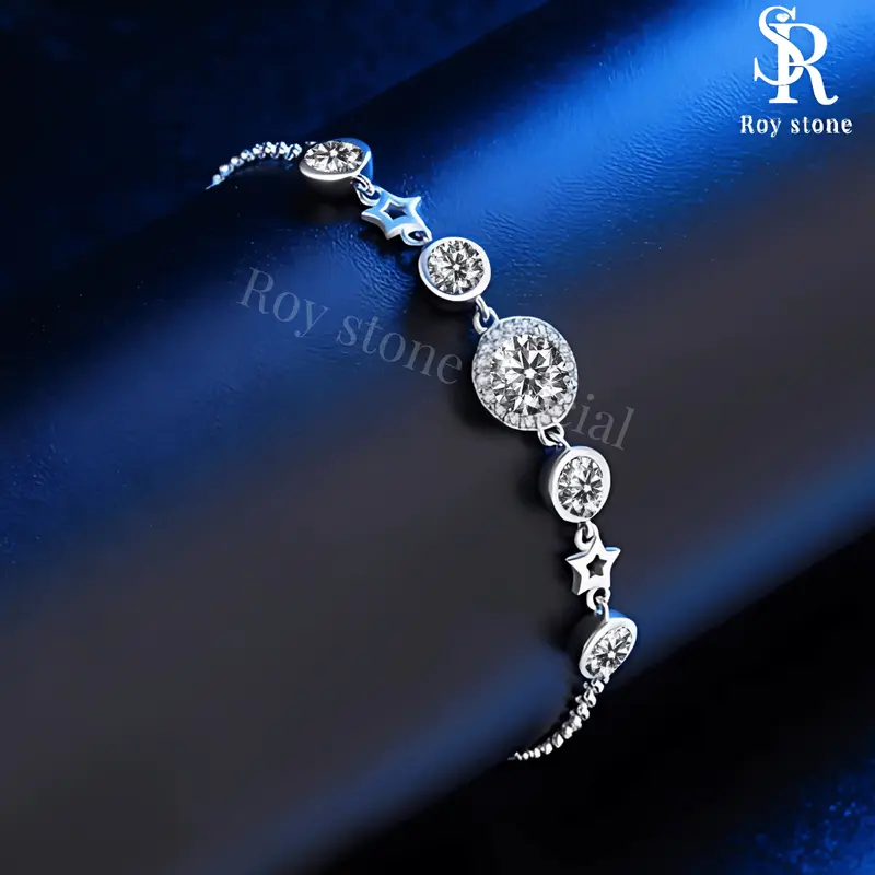 RoyStone - Gelang Luxury Round Bracelet Wanita Perhiasan Moissanite Sertifikat GRA Original Lapis Emas 18K 1