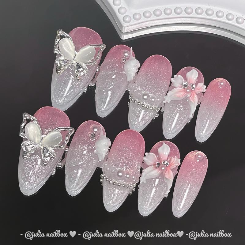  JuliaNailbox Mã 303 nail biển xinh tone hồng mắt mèo hoa nổi Móng tay giả thiết kế thủ công sơn gel   tặng kèm keo miếng dán dũa bông lau móng   gắn dễ dàng tiện lợi có thể tái sử dụng Nữ 