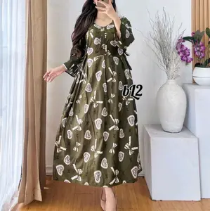 DRESS CHIBI 3/4  BUSUI KANCING TALI SAMPING LD 120 PB 120 BAHAN RAYON . Casual Wanita Baju Motif