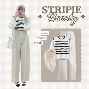 One Set Wanita Korean Style ( Blouse Rajut + Loose Pants + Jilbab Bella Square ) OOTD Hijab - LT141 Muslim