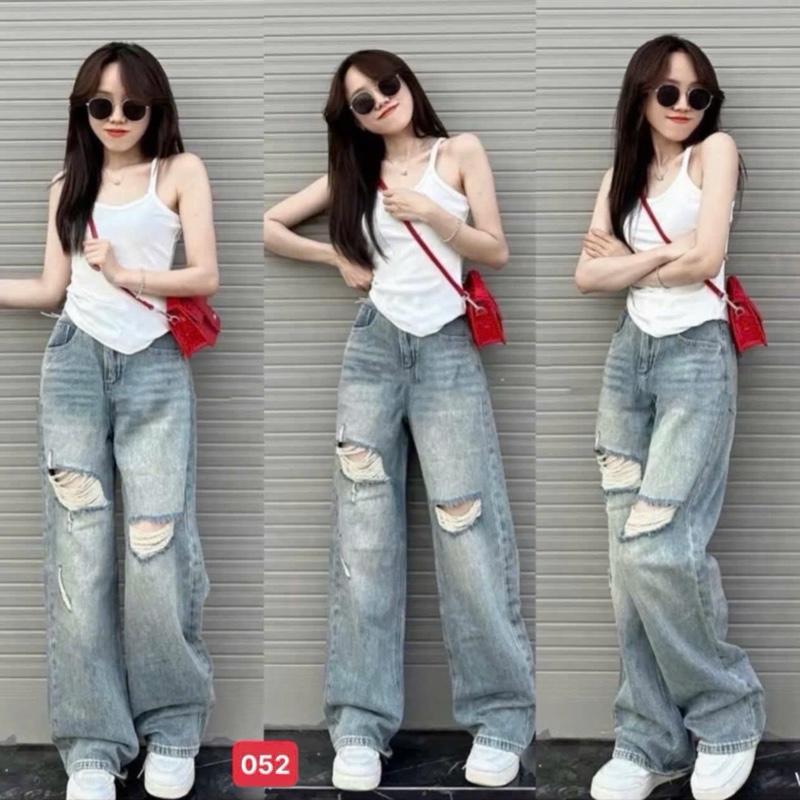 Quần jean nữ cạp cao quần jean ống suông trơn rách hoạ tiết tôn dáng thời trang 2024 BG 52 Women Pants Ong Denim