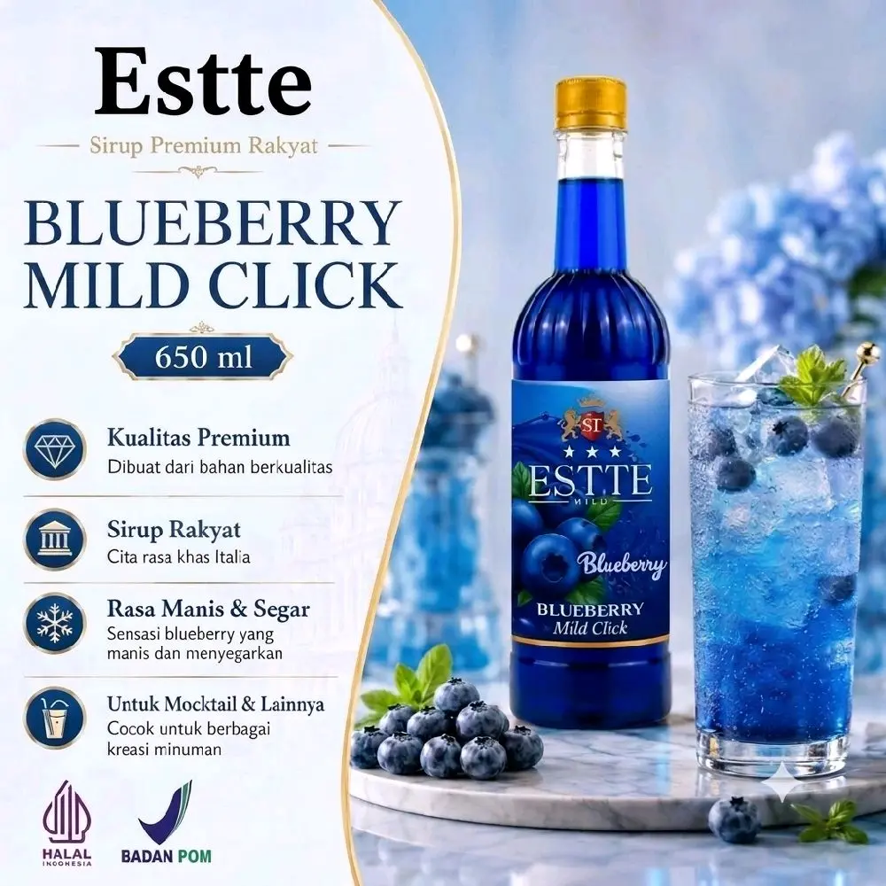 Estte Sirup Premium Rakyat Blueberry Mild Click 650 ml Rasa Manis Segar untuk Mocktail & Minuman Lainnya Halal Buah - Coffee