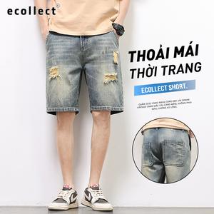 Quần Short Jean Nam Rách Phom Rộng Rãi ECOLLECT QS32 – Denim Vintage Mỏng Nhẹ, Thoáng Mát Hè 2025