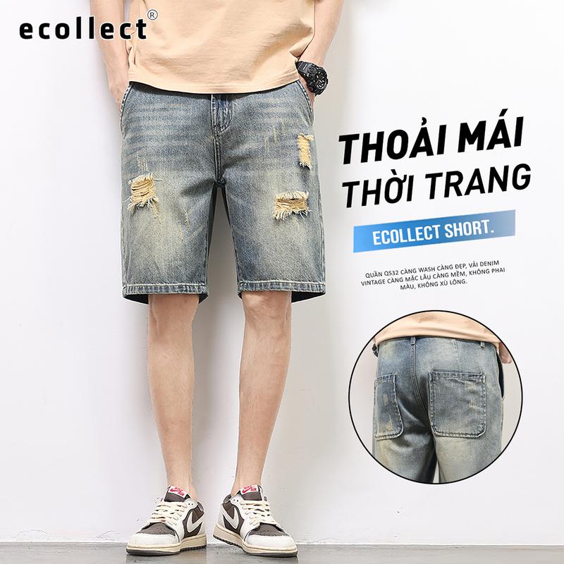 Quần Short Jean Nam Rách Phom Rộng Rãi ECOLLECT QS32 – Denim Vintage Mỏng Nhẹ, Thoáng Mát Hè 2025