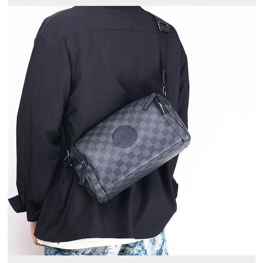 Stylish Plaid PU Leather Men's Shoulder Casual Oblique Bag Simple Business Bag Square Bag