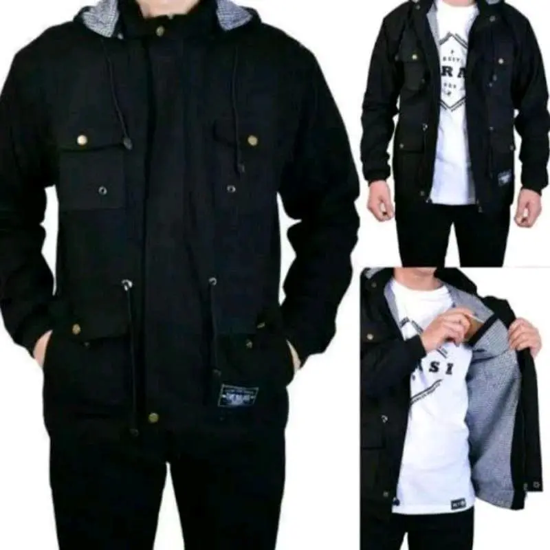 jaket parka  bahan canvas premium hitam casual pria keren