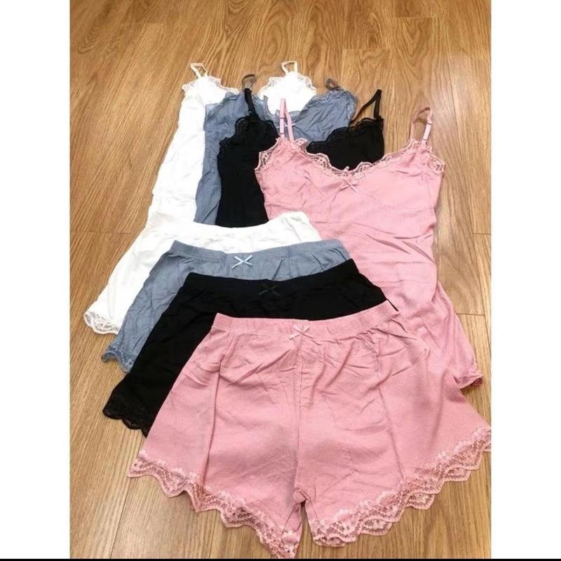 AC22 Bộ ngủ áo 2 cổ V dây viền ren quần viền ren sexy chất gân tăm mềm mát size dưới 53kg