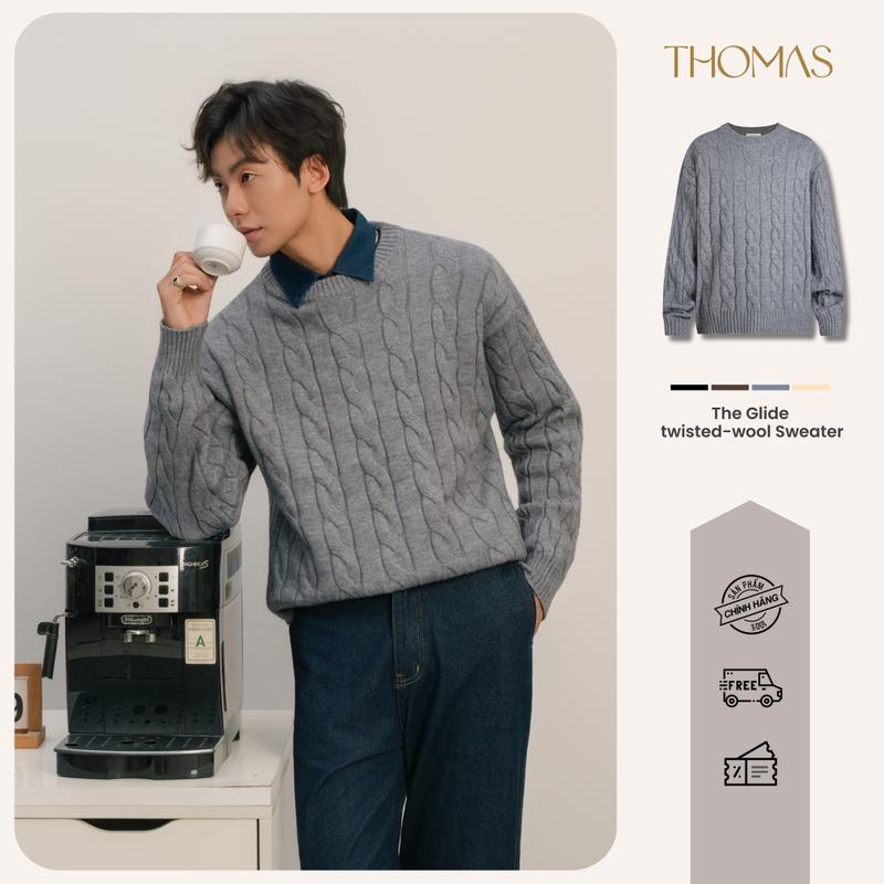 Áo Sweater Len Nam Cổ Tròn THOMAS The Glide Twisted-Wool Len Cotton Sợi Tre Dệt Kim Vặn Thừng Cao Cấp Thomas Stu AL04