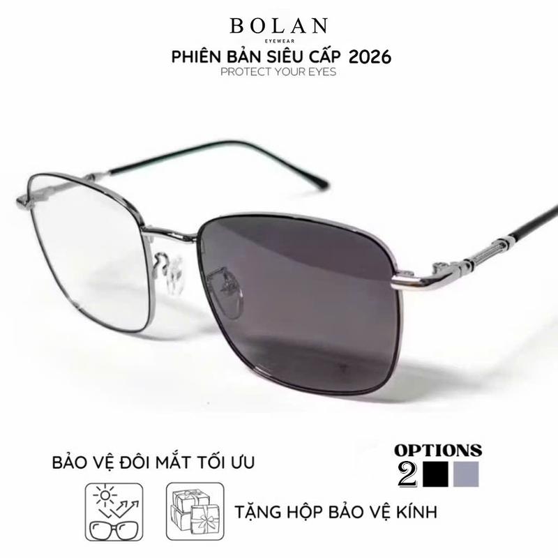 Combo 2 Mắt kính đổi màu khi ra nắng gọng vuông to Bolan Titanium chống ánh sáng xanh cho nam nữ ( Kính 9 )
