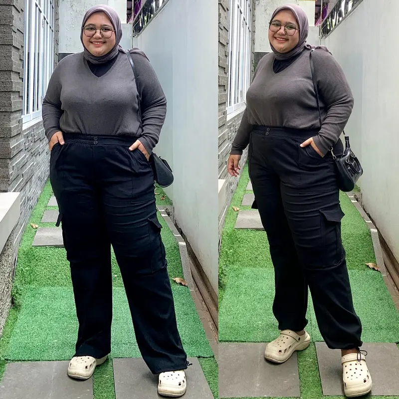 Celana Jumbo Yumi OOTD Hijab Style Jumbo LP 75 - 170 cm Pj 105 BB 70 - 150 kg an Celana Panjang Cargo Soft Jeans Stretch / Melar Tebal Pants Wanita Basic Kulot / Serut Jogger Kasual / Outdoor Denim 6