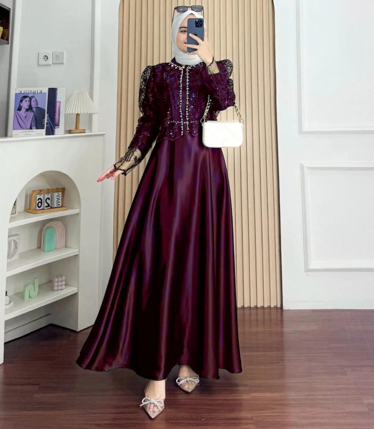 Gamis Wanita Lebaran Terbaru 2026 Sakura Dress Gamis Trend Warna Mahogany Slik Brukat Payet Premium