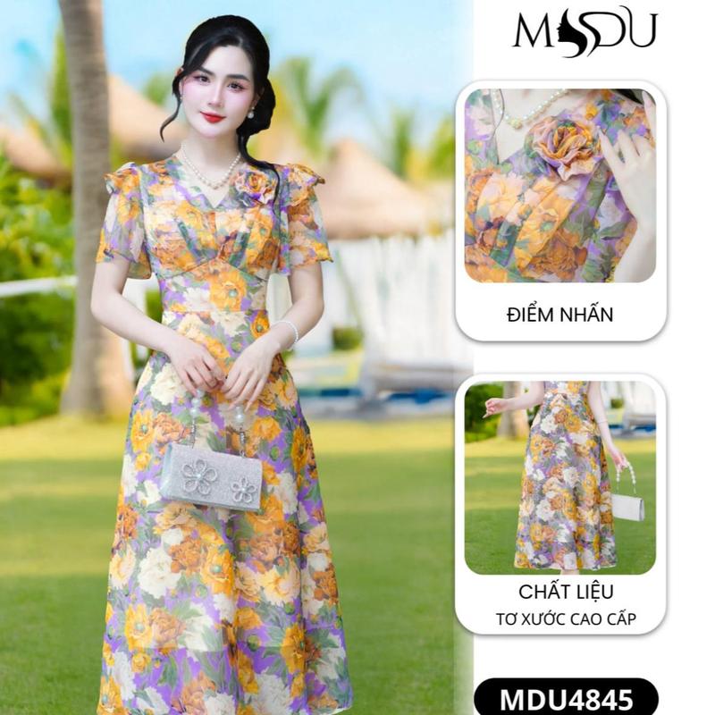   MIỄN SHIP  MDU4845 Váy Tơ Xước Cao Cấp – Hoa 3D Thủ Công & Họa Tiết Vintage Cam Tím Dành Cho Nữ 