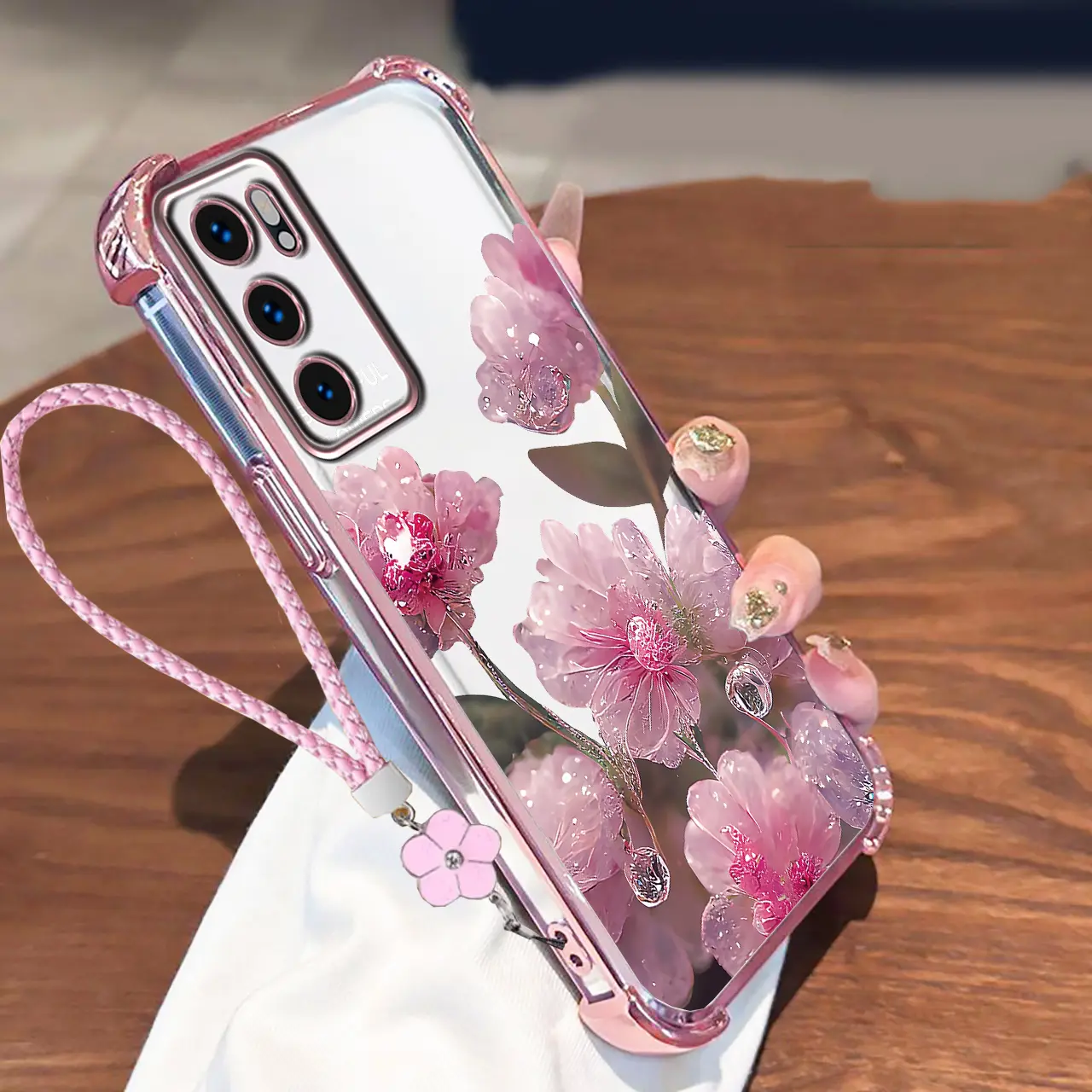Casing For OPPO A16 A16S A54S CPH2271 OPPO CPH2269 Phone Cases Luxury Soft Silicone Four Corner Anti Fall Shockproof Phone With Lanyard Pink flowers Cover