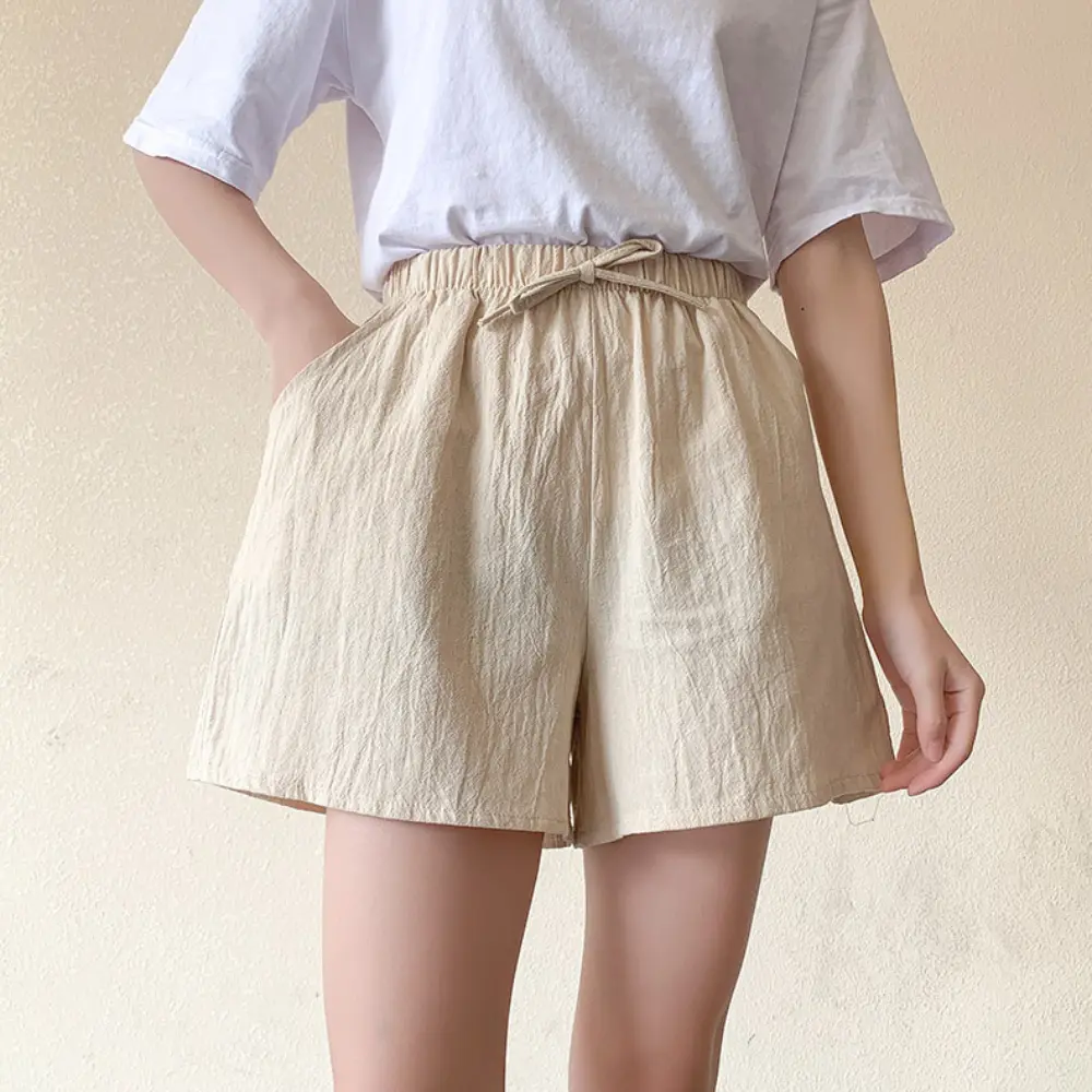 Simple Cotton Linen Women Sport Shorts High Waist Drawstring Wide Leg Short Pants Loose Large Size Streetwear