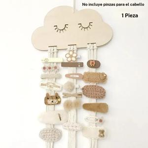 Organizador para el cabello con pinza nube estilo nórdico retro – decoración de madera montada en pared en rosa pastel y blanco, almacenamiento para horquillas, lazos y pendientes, ahorra espacio sin tornillos ni electricidad.