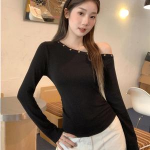Elegant Asymmetrical Neckline Long Sleeve Top, Slim-Fitting Design, Perfect for Casual Wear & Stylish, Women's Fashion Essential 3311# Womenswear Basic Minimalist
