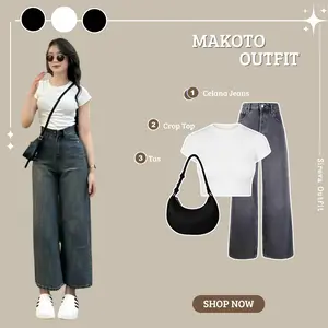 Setelan 3in1 Makoto { Crop Top + Celana Jeans + Tas } One Set Korean Style | Fashion Wanita Kekinian_SR75