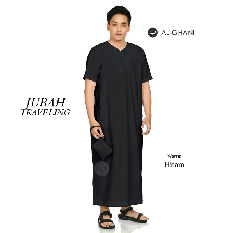 ALGHANI Jubah Traveling Dewasa Lengan Pendek Hitam Instan Muslim Katun Soft Panjang Gamis Cowok Putih Navy Oblong Pria 3