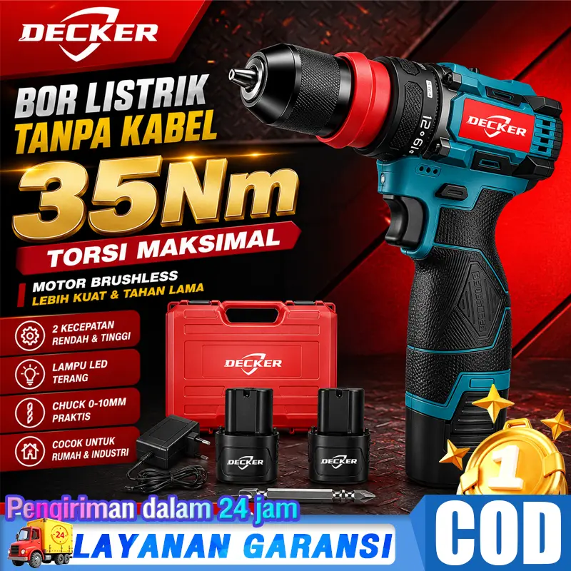 DECKER Bor Listrik Tanpa Kabel Brushless 16.8V 35Nm Cordless Drill 1700RPM Obeng Bor Baterai untuk Rumah & Industri