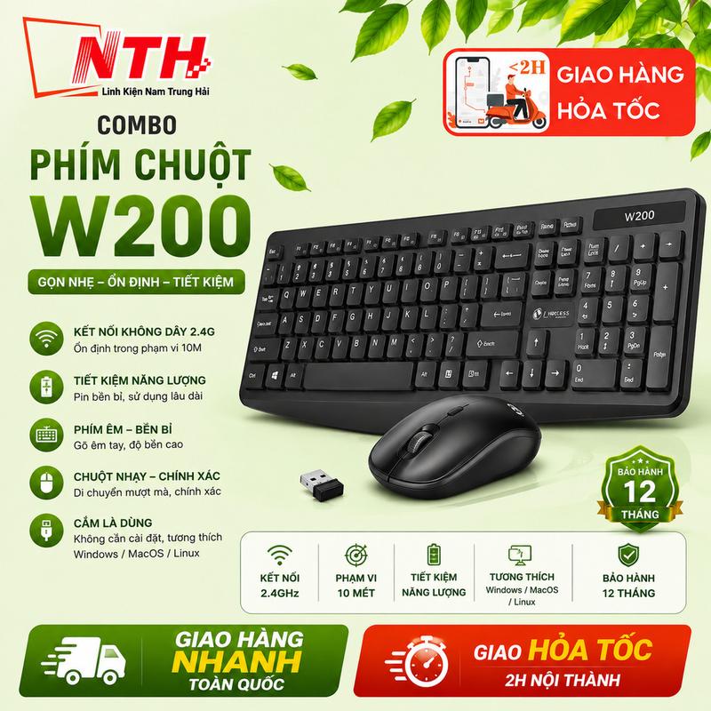 Bàn Phím Không Dây Kèm Chuột Combo USB Wireless 2.4Ghzz Mã W100 / W200 Tặng kèm pin