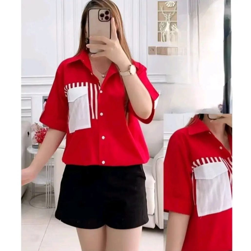 KEMEJA WANITA MERAH KOMBINASI KANTONG TANGAN PENDEK