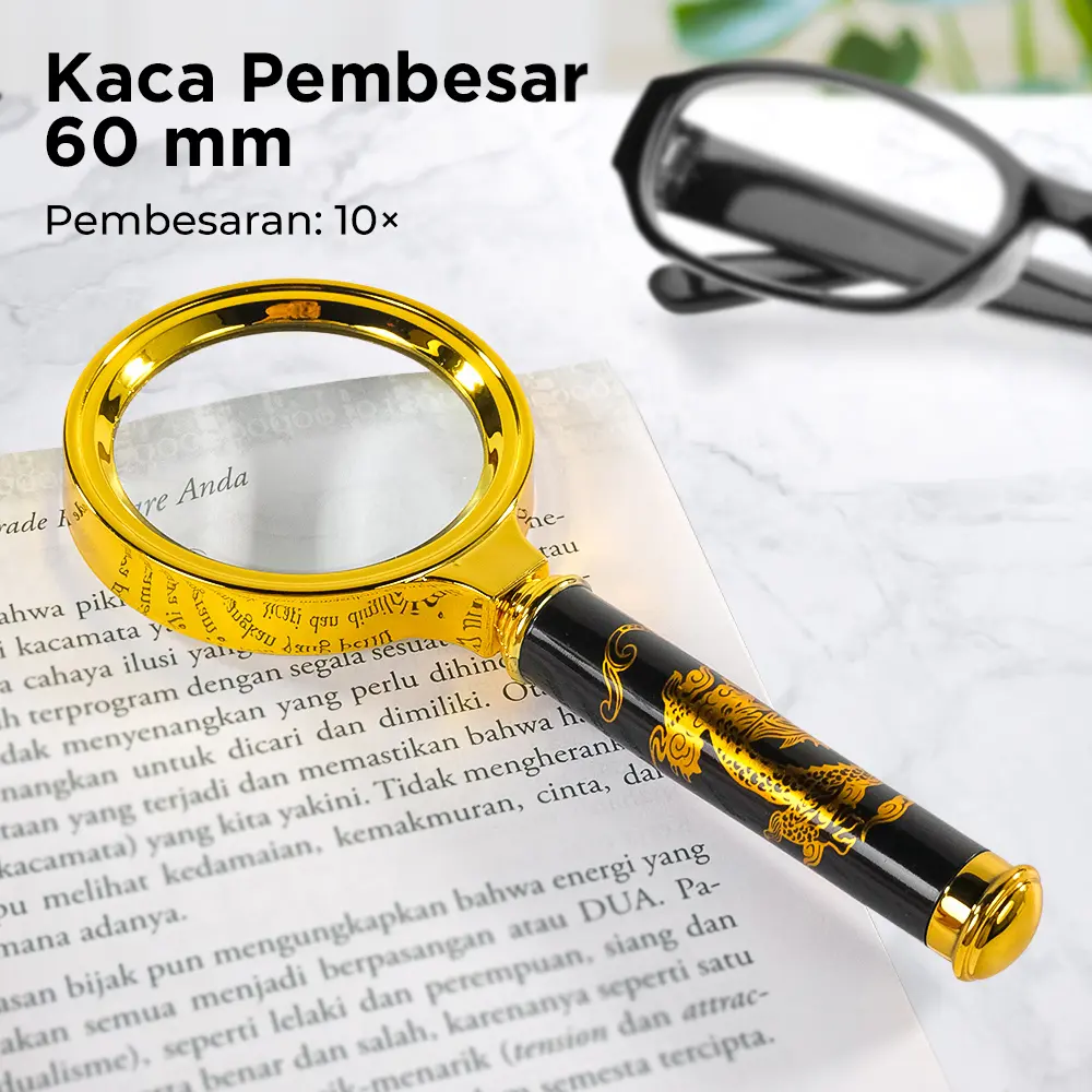 Kaca Pembesar 10X Diameter 60mm Handheld Lup Baca Desain Naga Elegan