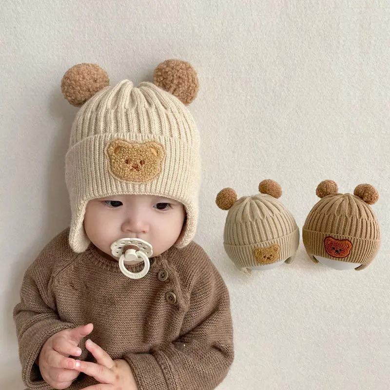 Mũ Len Hình Gấu Hoạt Hình Cho Bé, Mũ Len Dễ Thương, Ấm Áp, Cho Trẻ Mới Biết Đi, Bé Trai Và Bé Gái, Mũ Dệt Kim, Mùa Thu Đông