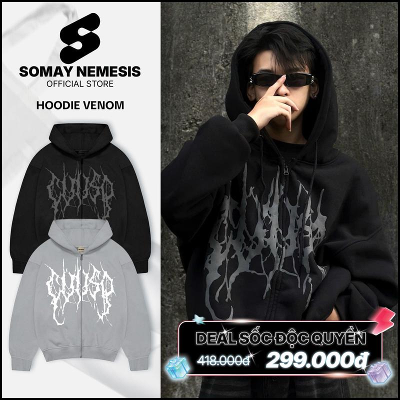 Áo khoác hoodie zip dây kéo 2 đầu chất nỉ bông dày dặn thêu nón nam nữ mặc cặp đôi local brand form rộng boxy mũ to mặc thu đông đi nắng unisex hoạ tiết dập nổi xám tiêu và đen menswear SOMAY NEMESIS