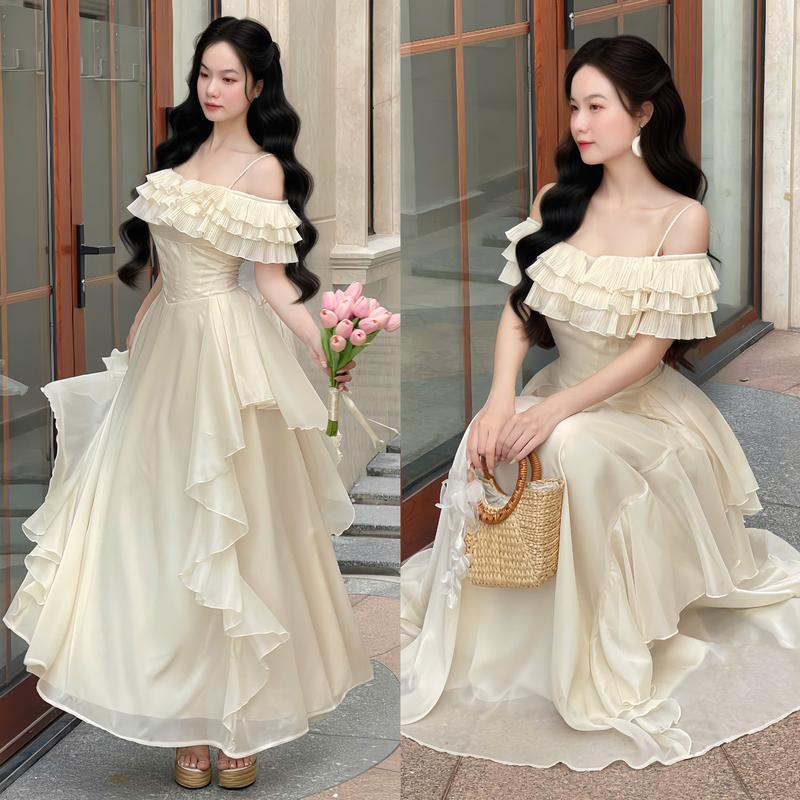 Đầm nữ thiết kế EMME V2087 trễ vai bèo xếp ly có đây có mút dáng dài bèo công chúa top váy nữ - THANH TỰ