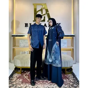 Jemiaaaaaa Navy Sarimbit Raya Series Gamis Satu Set Couple Material Lady Zr  Ceruty Tuan Putri Aksen Mutiara Patten Exlusive By Elly Arsy (Tanpa Hijab )