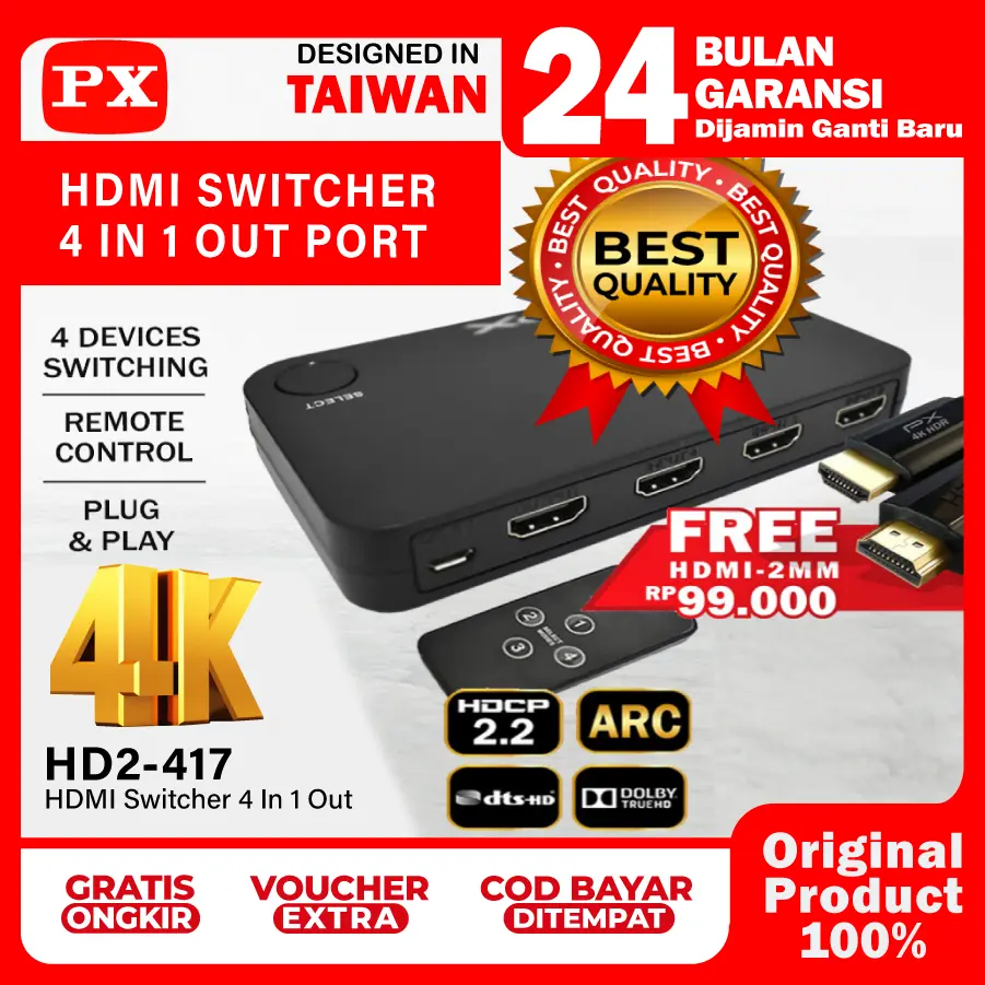 HDMI Switcher 4 Port 4K 3D Full HD + Remote Control PX HD2-417