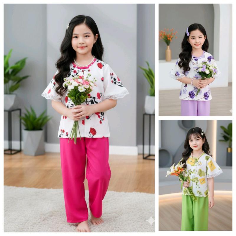 12-44kg Áo bà ba tay phối ren khuy nút tàu kèm quần dài vải lụa mềm mịn cho bé 1,48m trở lại