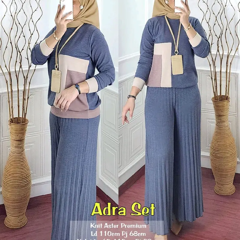 Pakaian setelan wanita bahan knit aster import LD 110-120 cm lengan panjang celana kulot plisket nyaman dipakai bestseller Sandra set Adra set by Vensy marsella 4