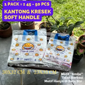 (±45-50 PCS) Kantong Kresek Soft Handle Motif “Smile” / Kresek Thank You / Plastik Putih Motif Softhandle Bag