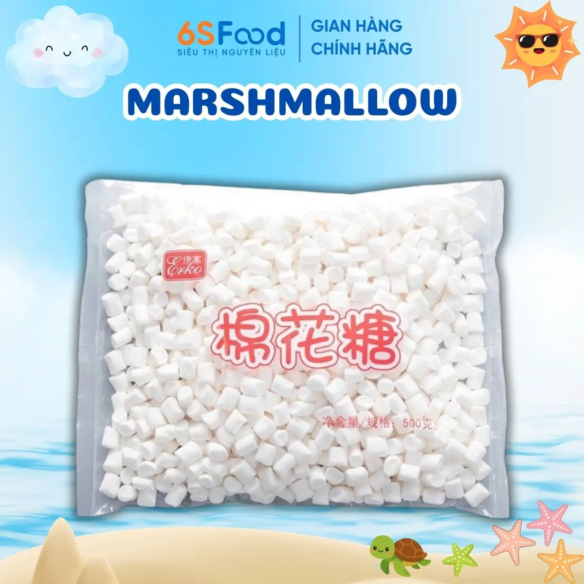 Marshmallow Erko Giảm 20% Ngọt 500gr, Kẹo Bấc Trắng Nguyên Liệu Làm Kẹo Nougat 6SFOOD set  làm set  làm