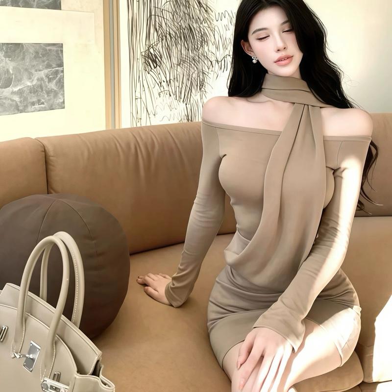 Váy nữ xinh đầm nữ dự tiệc 399 thiết kế quàng cổ trễ vai cho mùa thu đông sang trọng chất ladong