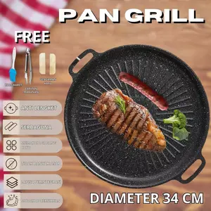 Alat Grill Panggang Panggangan BBQ Bulat Kompor Anti Lengket/Wajan Pemanggang BBQ Grill Pan Anti Lengket Serbaguna 34 cm Portable Kitchenware