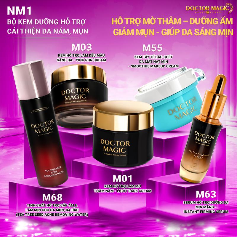 NM1 1+3+63+68+55 - Bộ Kem Dưỡng Doctor Magic Hỗ Trợ Cải Thiện Da Nám Mụn gồm: Kem Hỗ Trợ Làm Mờ Thâm Nám+Kem Hỗ Trợ Làm Đều Màu Sáng Da+Serum Hỗ Trợ Dưỡng Da Mịn Màng+Tinh chất hỗ trợ cấp ẩm cho da mụn dầu+Kem Tẩy Tế Bào Chết Da Mặt - Làm Đẹp Da