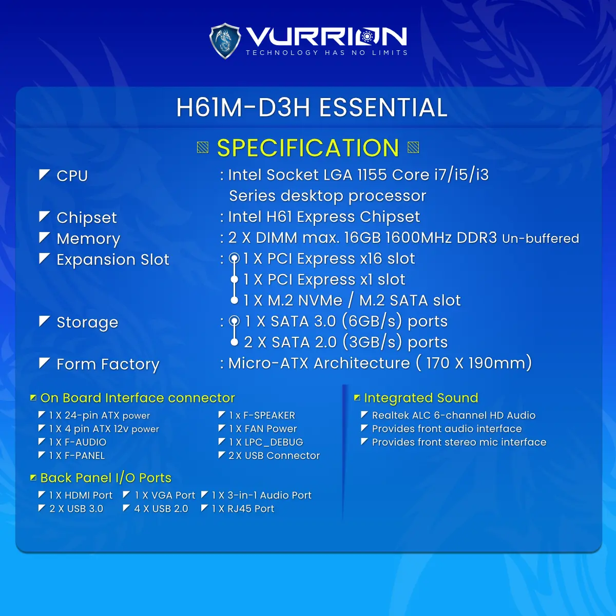 Motherboard VURRION ESSENTIAL H61M-D3H Socket 1155