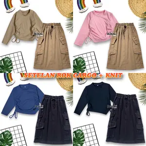 SETELAN ROK CARGO KATUN KEKINIAN / ATASAN KNIT SERUT ANAK PEREMPUAN / ONE SET OUTFIT ANAK MUSLIMAH LEBARAN 2025 USIA 1-12 TAHUN rokcargo