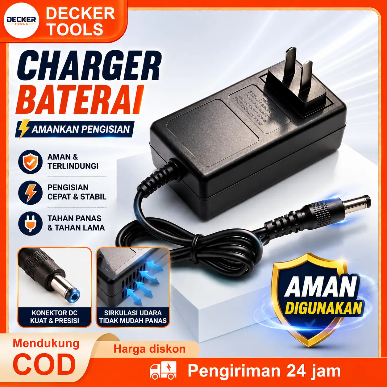 DECKER  Pengisi Daya Baterai Lithium, Bahan PP, Cocok untuk Baterai 21V, Arus 300A, Tegangan Lebar 110V-240V (Otomatis), 50/60HZ