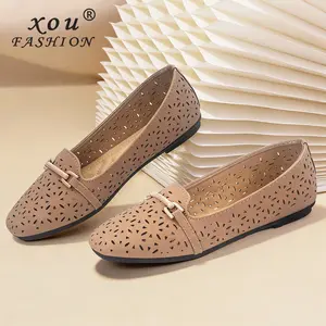 XOU New Fashion Flatshoes wanita Sepatu Flat wanita A-03 datar berongga bernapas kulit lembut sol lembut