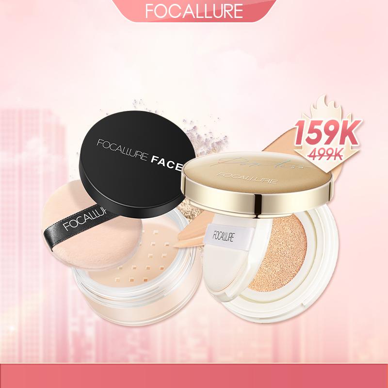 FOCALLURE Combo 2 Món Cushion Phấn Nước Hỗ Trợ Che Khuyết Điểm + Phấn Phủ Dạng Bột Hỗ Trợ Kiềm Dầu Phù Hợp Trang Điểm Hằng Ngày Cho Mọi Loại Da