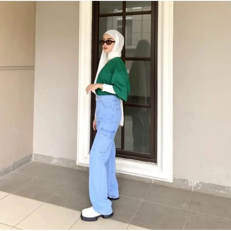 Celana Jeans Chargo wanita highwaist loose jeans kulot premium 1