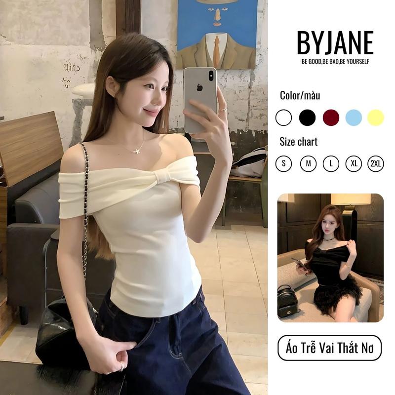 (DEAL MỞ BÁN) Áo thun nơ trễ vai ngắn tay BYJANE-611