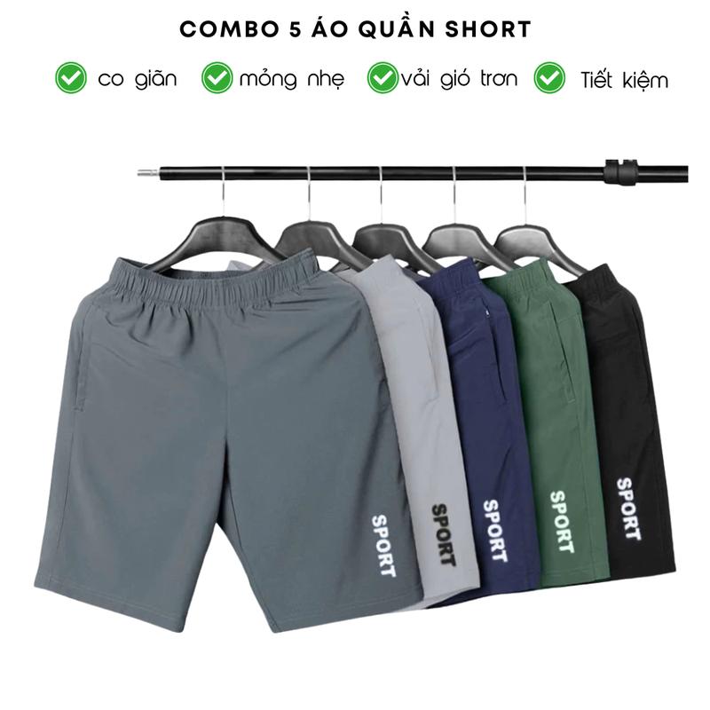 {SALE RẺ} LIVE Combo quần short nam SPORT set 5 cái, vải gió trơn túi có khoá kéo, quần đùi nam thể thao