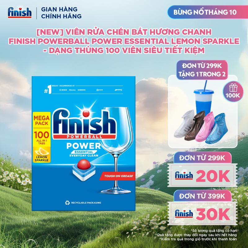 [New] Viên Rửa Chén Bát Hương Chanh Finish Powerball Power Essential Lemon Sparkle - Dạng Thùng 100 viên siêu tiết kiệm