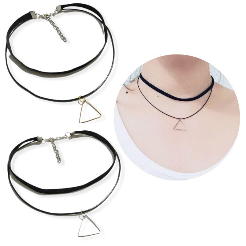 Black Double Layer Triangle Velvet Choker Necklace Kalung Segitiga Multilayer Dua Lapis Rantai Tali 0